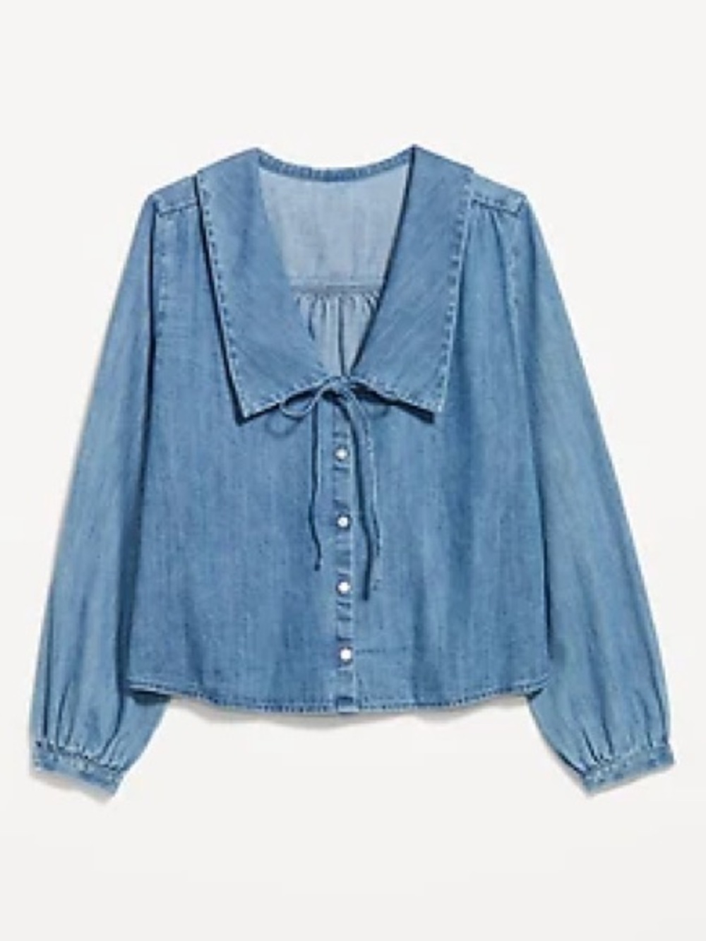Old Navy Light Blue Chambray Denim Peter Pan Tie-Neck Button Front Blouse Large